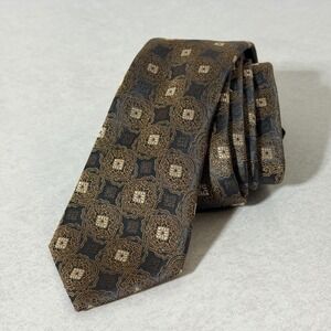 Canali Mens Silk Tie Charcoal Grey Gold Geometric Medallion Jacquard Made Italy